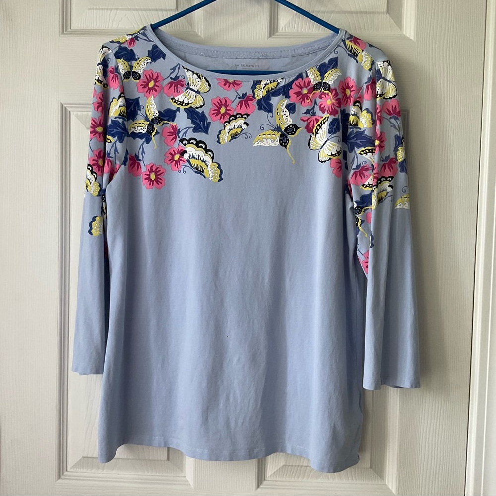 Talbots Floral Bordered Jersey Top Size Large